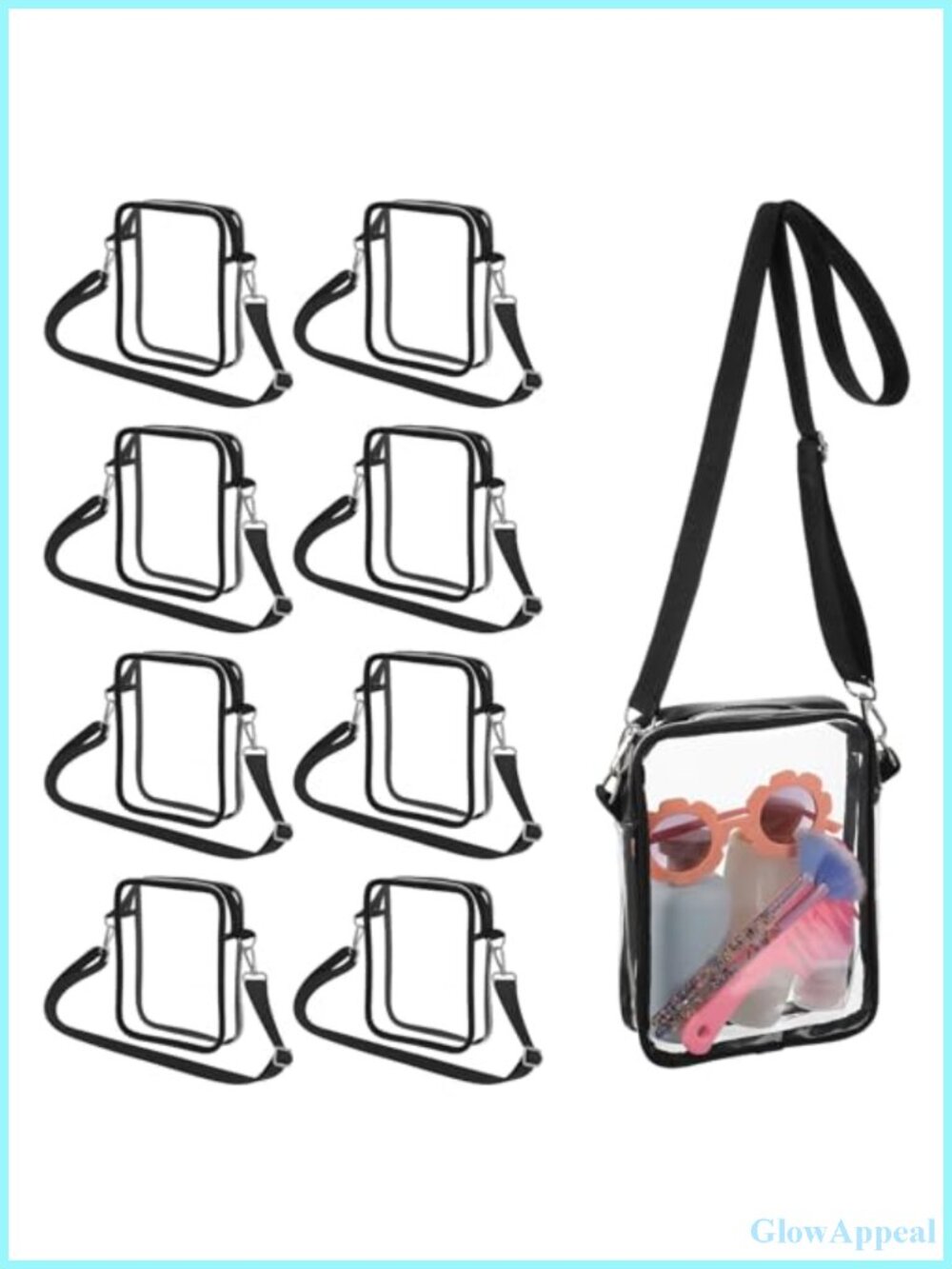 Clear PVC Crossbody Bag 8 Pc Stadium Approved Adjustable Strap Messenger Purse